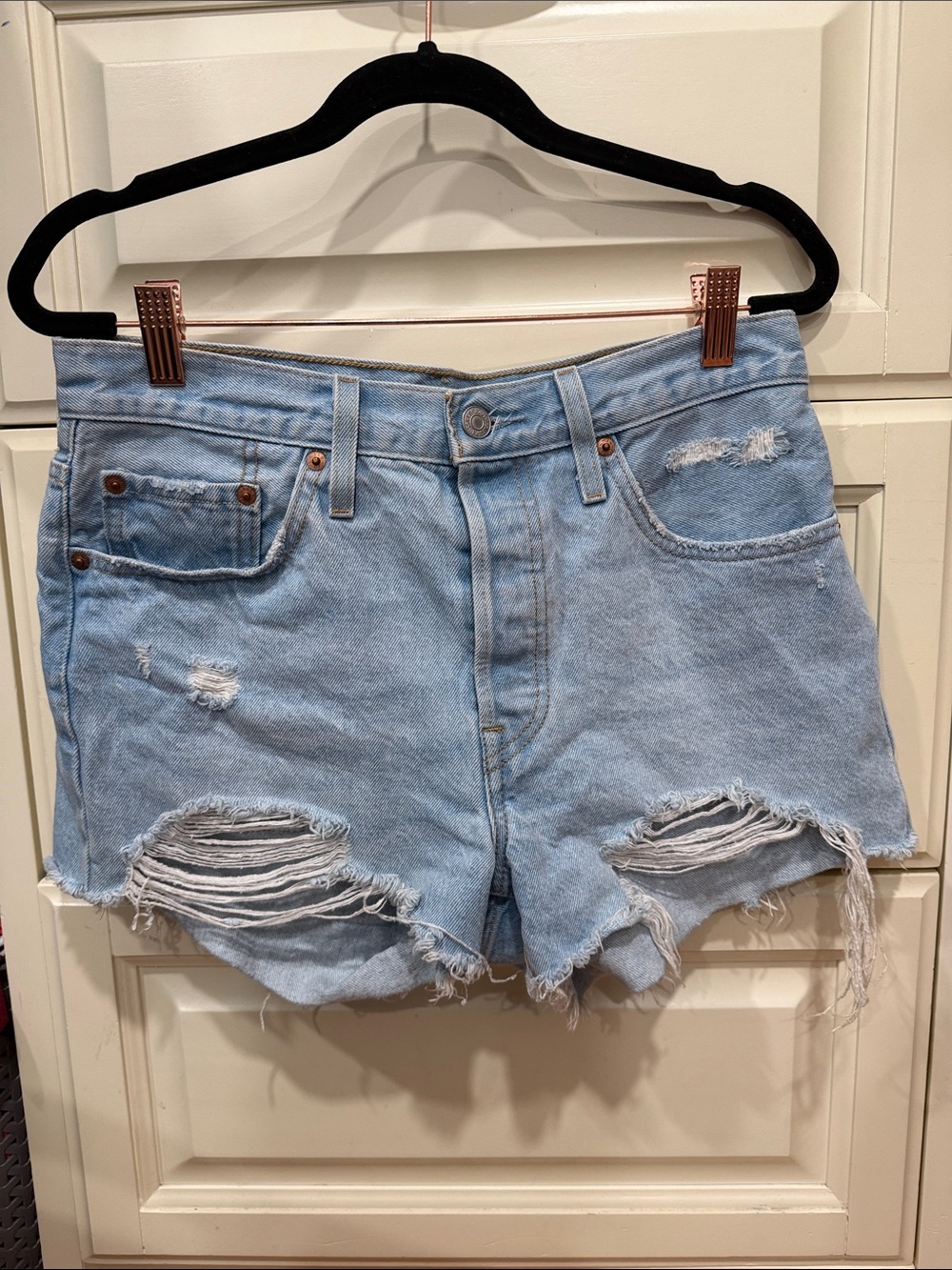 Levis Light Blue Distressed Denim Shorts - Women